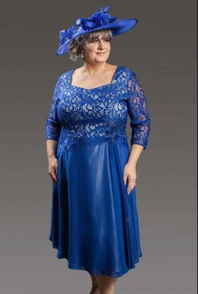 Blue MIDI Satin Lace Sleeve Dress Plus Size Mother of Bride/Groom Dress Evening Formal Gown