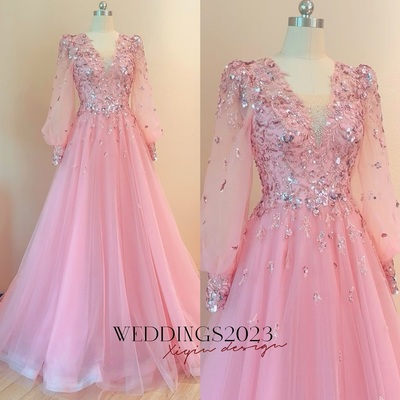 Pink Tulle Long Sleeves Prom Dresses with Appliques, Long Fluffy Sleeves Formal Evening Dress, Off Shoulder Women’s Wedding Gown