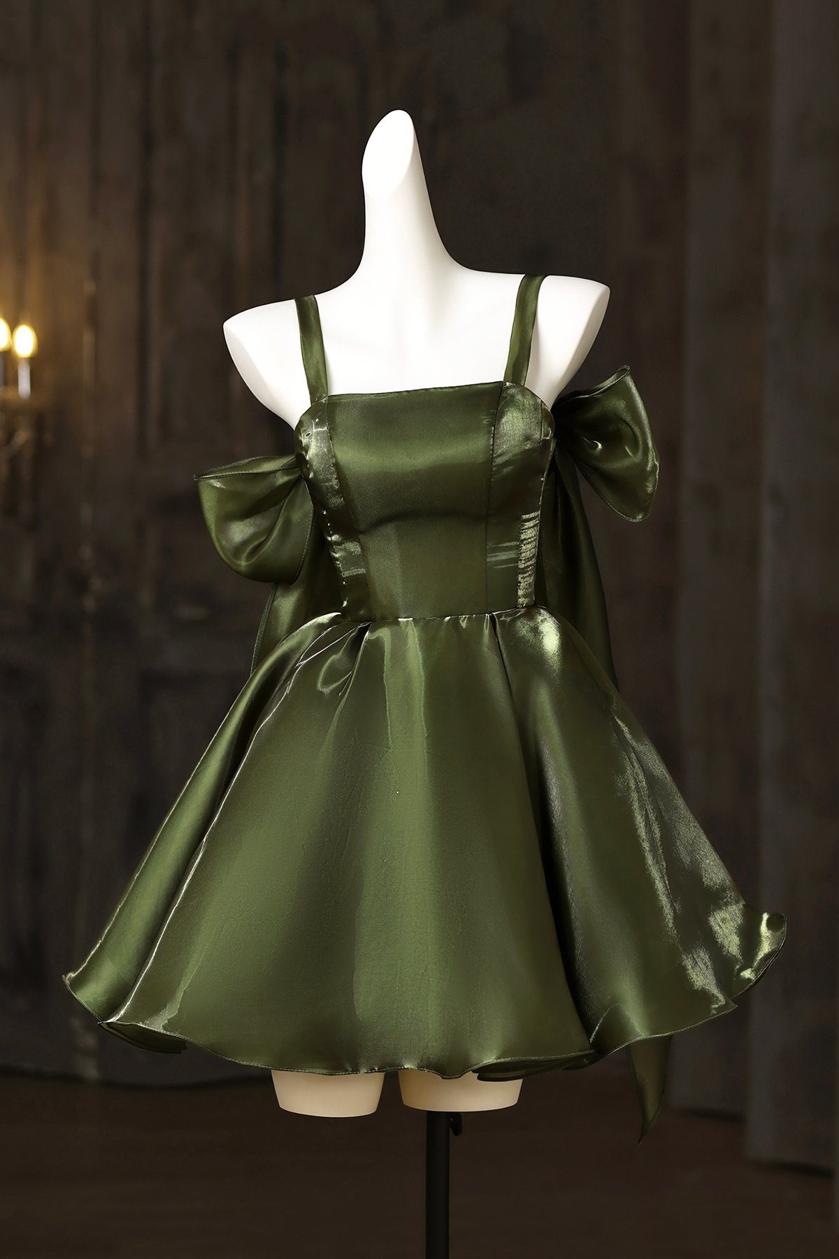 A-Line Spaghetti Strap Short Prom Dress, Olive Green Party Dress