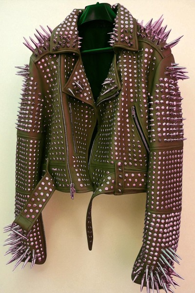 Crafted Leather New Classic Awesome Handmade Women's Brown Color Studded Brando Metal Spiked Leather Round Studs Jacket