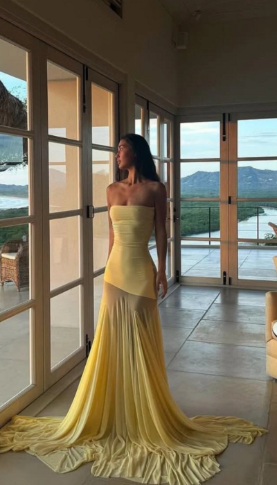 Strapless Yellow Long Mermaid Prom Dresses For Party