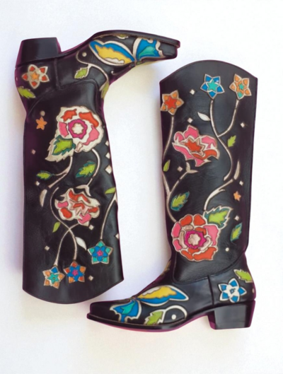 Crafted Leather Classic Women Black Leather Fancy Cowboy Boot