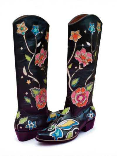 Crafted Leather Classic Women Black Leather Fancy Cowboy Boot