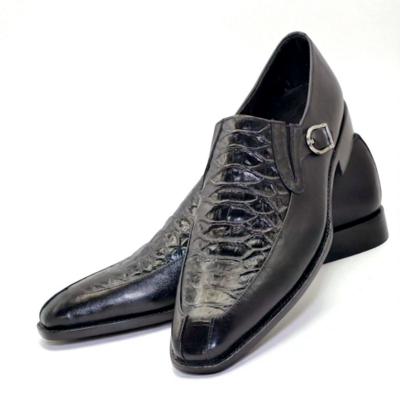 Crafted Leather Classic Black Crocodile/Alligator Leather Monk Strap Dress Shoes