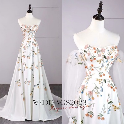 Hot Selling Ivory Embroidered Applique Strapless Detachable Long Sleeve Wedding Dress with Train