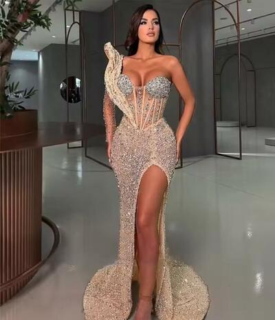 Luxury Champagne Evening Dresses For Black Girls Beaded Sequined Birthday Party Gowns HIgh Slit Long Prom Dresses Customized