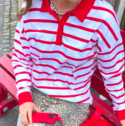 RED STRIPED POLO SWEATSHIRT