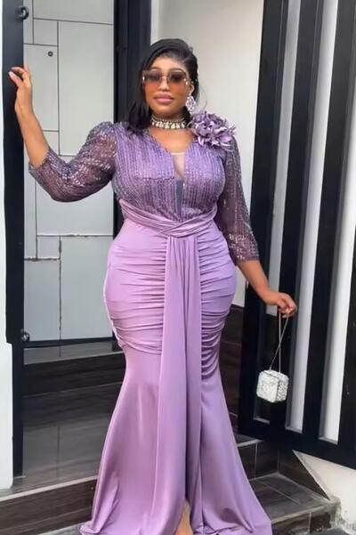 Customized Purple Satin Mermaid Mother‘s Formal Evening Dressese With Long Sleeves Plus Size Mother Of Bride Party Gowns
