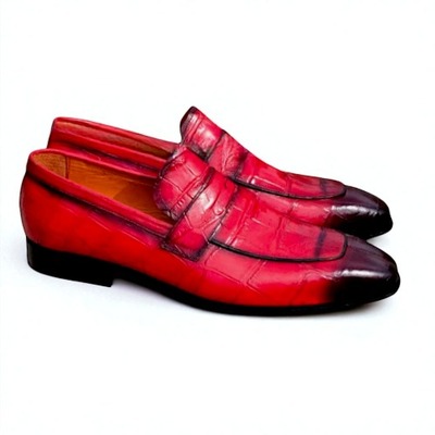 Crafted leather men red crocodile leather moccasin loafers dress shoes - Thumbnail 2