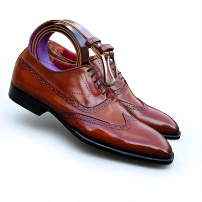 Crafted Leather Classic Brown Leather Wingtip Oxford Dress Shoes with Matching Belt