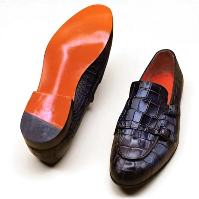 Crafted Leather Men Blue Crocodile/Alligator Leather Monk Strap Dress Shoes