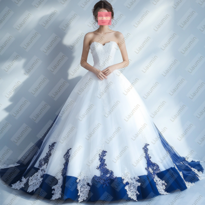 White Tulle and Blue Lace Strapless Full Length Prom Dress Evening Dress Custom Hand Made W19-4.1