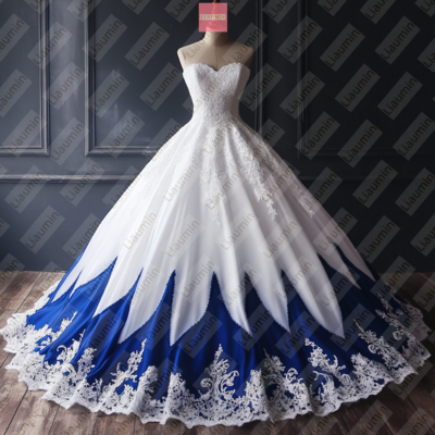 White Tulle and Blue Lace Strapless Full Length Prom Dress Evening Dress Custom Hand Made W19-5.3