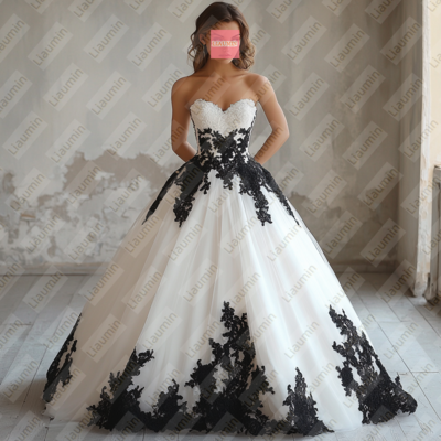 White Tulle and Black Lace Strapless Full Length Prom Dress Evening Dress Custom Hand Made W19-6.2