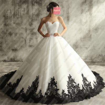 White Tulle and Black Lace Strapless Full Length Prom Dress Evening Dress Custom Hand Made W19-6.3