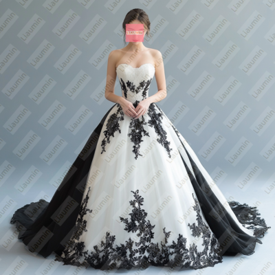 White Tulle and Black Lace Strapless Full Length Prom Dress Evening Dress Custom Hand Made W19-7.3