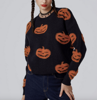 Halloween Pumpkin Jack-O-Lantern Jacquard Pullover Knit Sweater Jumper