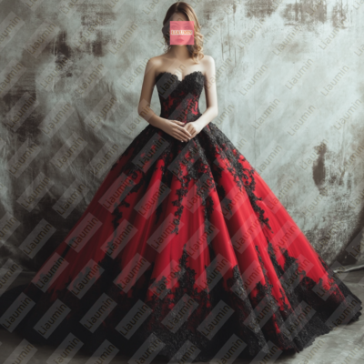 Red Tulle and Black Lace Strapless Full Length Prom Dress Evening Dress Custom Hand Made W19-9.2