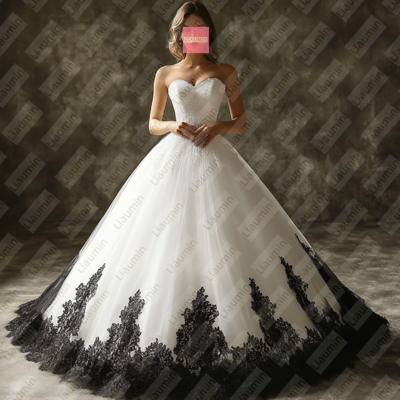 White Tulle and Black Lace Strapless Full Length Prom Dress Evening Dress Custom Hand Made W19-10.2