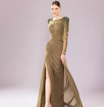 Luxury Wedding Party Dress Crystal Long Sleeves Column Formal Evening Gowns Green Chiffon Side Split Mother of the Bride Dresses