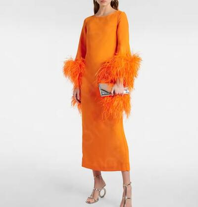 Modern Orange Feather Dress Mother Dress Mid Calf Length Mother of the Bride Gown Long Sleeve Wedding Party Dress Back Slit