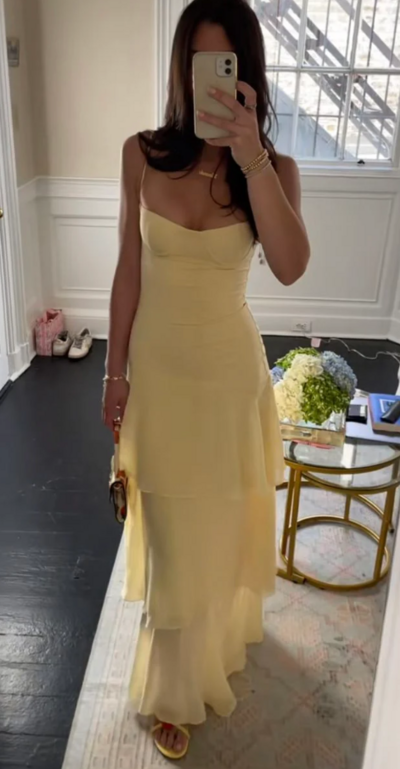 Fashion Simple Straps Yellow Long Prom Dress Evening Dresses