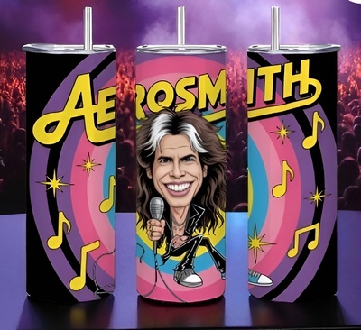 Aerosmith Steven Tyler Caricature Tumbler - 20oz Rock Legend Travel Cup with Metal Straw
