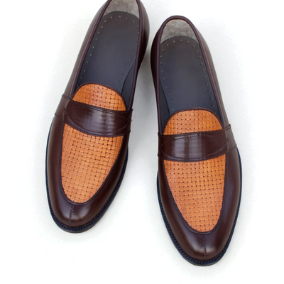Crafted leather handmade classic brown leather and woven contrast moccasin loafers shoes - Thumbnail 2