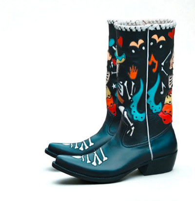 Crafted Leather Classic Dress Shoes Black Leather Fancy Cowboy Boots