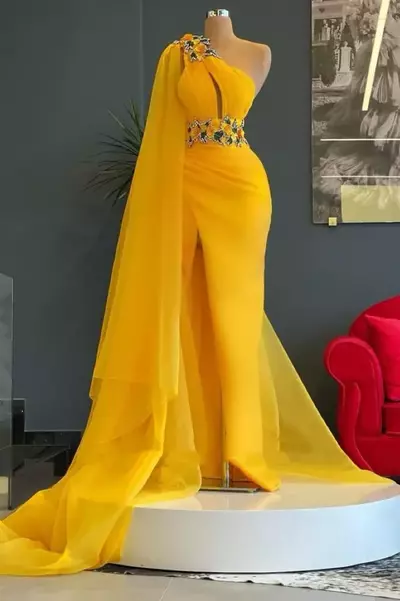 Aso Ebi Arabic Yellow Mermaid Prom Dress lace Beaded Evening Formal Party Second Reception Birthday Engagement Gowns Dresses