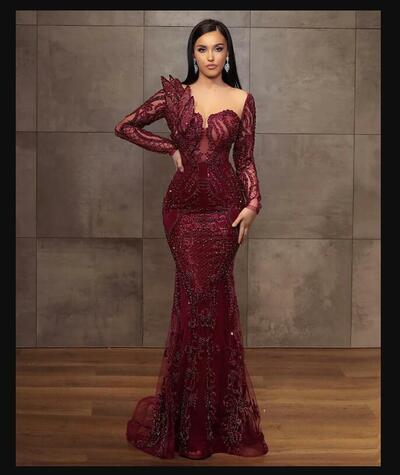 Burgundy Lace Mermaid Prom Dresses Beaded Full Sleeves Vintage Evening Formal Party Second Engagement Birthday Gowns Dress