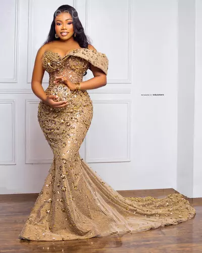 Aso Ebi Gold Mermaid Prom Dress Sheer Neck Sequined Evening Formal Party Second Reception 50th Birthday Engagement Gowns Dresses