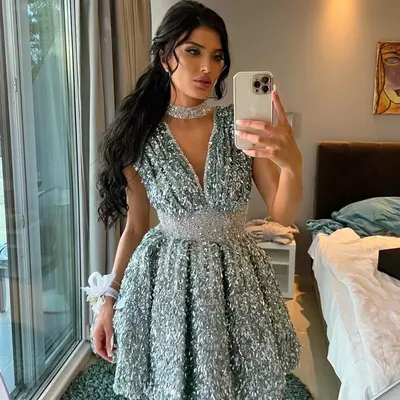 sage aline graduation dress sequined lace beaded short mini homecoming party formal cocktail prom bridesmaid gowns dresses