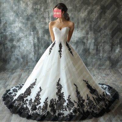 White Tulle and Black Lace Strapless Full Length Prom Dress Evening Dress Custom Hand Made W19-11.5