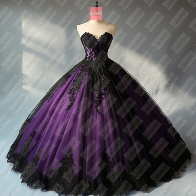 Purple Tulle and Black Lace Strapless Full Length Prom Dress Evening Dress Custom Hand Made W19-12.2