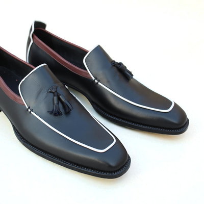 Crafted leather classic handmade black with white lining tassel loafers shoes  - Thumbnail 2