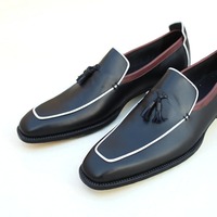 Crafted Leather Classic Handmade Black with White Lining Tassel Loafers Shoes  - Thumbnail 1