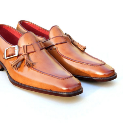 Crafted leather classic brown single monk with tassel loafers style dress oxford shoes for men - Thumbnail 1