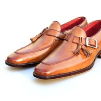 Crafted Leather Classic Brown Single Monk with Tassel Loafers Style Dress Oxford Shoes For Men - Thumbnail 1