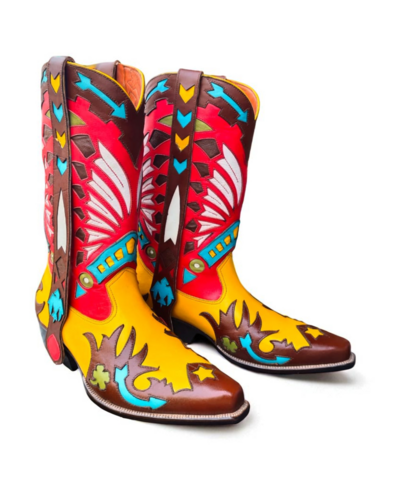 Crafted Leather Classic Multi Color Leather Designer Fashion Ankle Cowboy Pointed Toe Boot