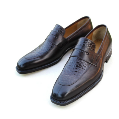 Crafted leather classic dark brown crocodile/alligator leather loafers shoes - Thumbnail 1