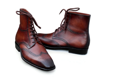 Crafted Leather Brown Leather Handmade Wingtip Men Dress Ankle High Lace up Boot