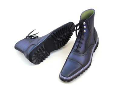 Crafted Leather Classic Dress Shoes Blue Grain Patina Leather Double Norwegian Welted Ankle High Boot