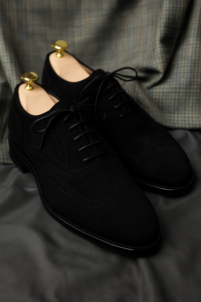 Rich Black Suede Formal Wingtip Structure Handmade Dress Shoes For Men