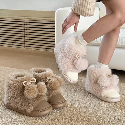 Cute Fleece Snow Boots With Pompom Balls