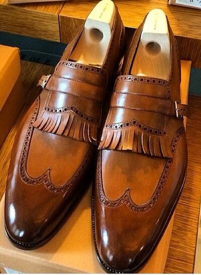 Brown Leather Classic Style Single Monk Fringe Shoes Handmade Edition