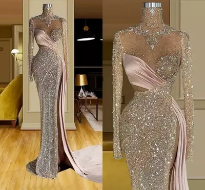 Sparkly Sexy Mermaid Prom Dresses Crystal Beaded High Neck Long Sleeve Side Split Evening Gowns Women Arabic Junior Bridesmaid Dresses