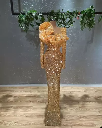 Plus Size Gold Prom Dresses Glitter Illusion Long Sleeve Sequined Arabic Party Evening Dress Gowns Vestidos