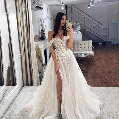 Floral Sexy Off Shoulder Lace Applique Beach Wedding Dress Boho Side High Slit Bridal Gowns