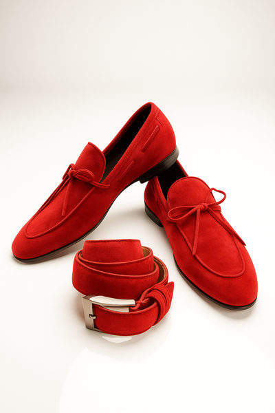Handcraft Trendy Red Moccasin Chritsmas Shoes With Belt Best Combination Formal Dress Shoes